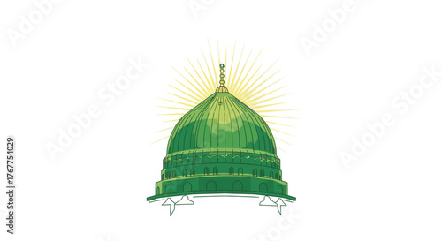 A vector illustration of the Green Dome of the Prophet's Mosque in Medina, with golden rays of light emanating from the top.