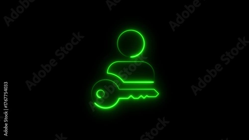 Glowing neon key icon animation,Glowing neon key icon 4k isolated on black background, turquoise color key icon glowing neon key animation 4k video motion footage,