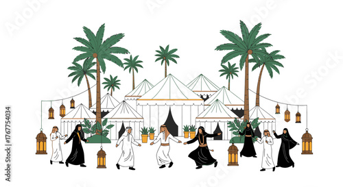 A vibrant illustration depicts a traditional Arabic celebration with people in traditional attire dancing amidst tents and palm trees.