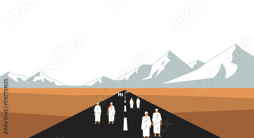 Muslim pilgrims in white ihram attire walking on a long road through a desert landscape with mountains in the background, symbolizing a spiritual journey.