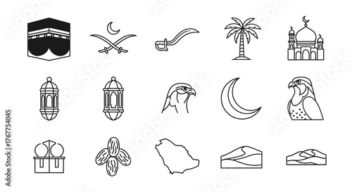 Saudi Arabia symbols: Kaaba, swords, palm tree, mosque, falcon, moon, dates, map, desert.