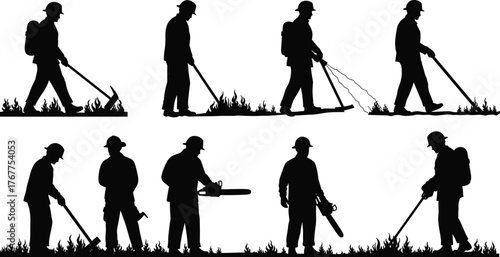 Firefighters working to control wildfire, silhouettes of firemen using tools and equipment for forest fire prevention and emergency firefighting scene