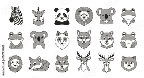 Funny cartoon vector collection of baby animal head icons featuring a pig, panda, tiger, and fox character art set for pet lovers