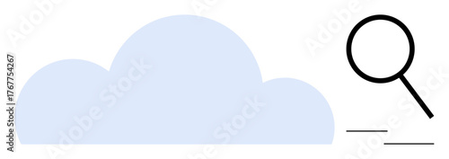 Light blue cloud with a black magnifying glass showing investigation and efficiency. Ideal for cloud computing, data analysis, web search, technology, research, discovery, simple flat metaphor