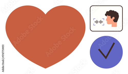 Heart symbol, profile with voicewave recognition, and checkmark in a circle. Ideal for health, technology, voice recognition, care, love trust digital approval. Simple flat metaphor