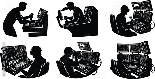 Operators at control panels, mission control workers, radar monitoring, air traffic controllers, surveillance team, military operations, scientific monitoring, command center silhouette