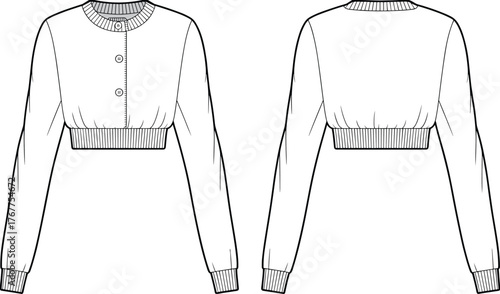 Front and back CAD technical flat of cropped button cardigan with ribbed hem and long sleeves vector