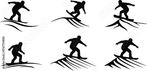 Snowboarder silhouettes on snowy slopes, winter sports action, freestyle snowboarding tricks, mountain adventure, downhill riding, extreme snowboarding poses, outdoor recreation