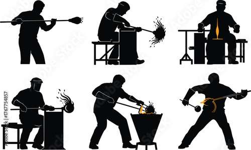 Silhouettes of glassblowers shaping molten glass, artistic glassmaking process, traditional craftsmanship, glass art creation, heat, fire and manual skill
