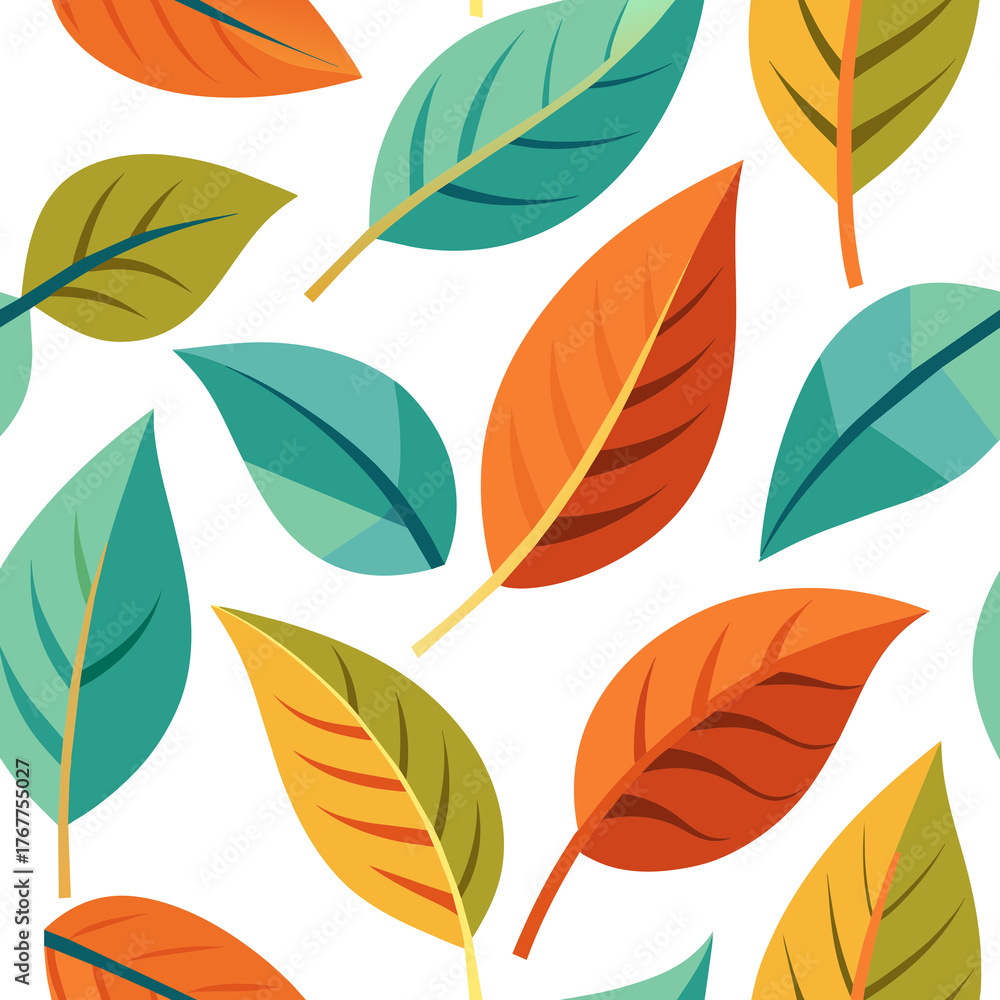 Obraz premium Vibrant Leafy Pattern: An intricate arrangement of colorful leaves presents a harmonious tapestry of nature's hues, adding a touch of elegance to any design.