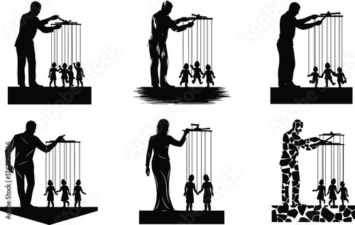 Silhouette of puppeteer controlling human marionettes with strings, concept of manipulation, control, power and influence, leadership metaphor illustration