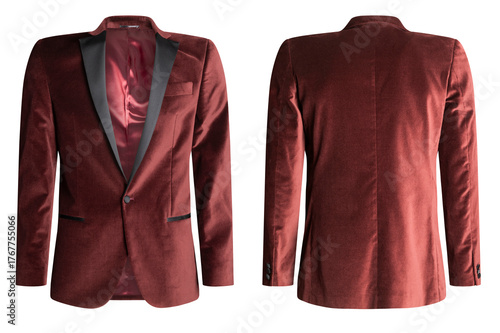 Luxurious burgundy velvet tuxedo jacket front and back view isolated