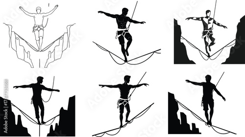Silhouette and line art of slackline athlete balancing on rope across canyon, extreme sport balance training, mountain adventure concept