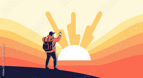 Adventurer Reaches Sunrise: Silhouette Of Hiker At Dusk On Artistic Landscape