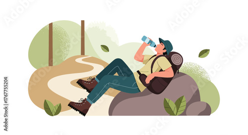Adventurer Reclines, Staying Hydrated After Hike, Amidst Serene Trail Scenery