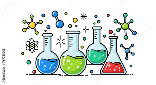 Laboratory glassware collection with colorful fluids and molecular structures for scientific