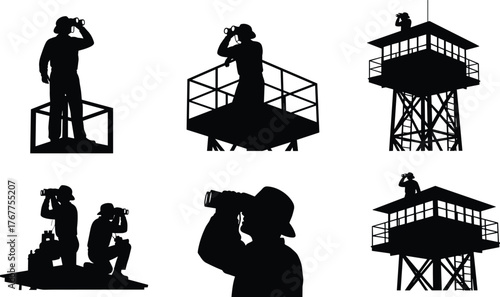 Silhouette of forest rangers and lookout observers using binoculars on observation towers, searching horizon for fire or wildlife, safety patrol concept