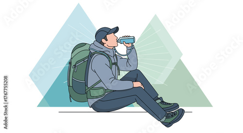 Adventurer Refuels Hydration During Mountain Trek Rest In Vector Illustration