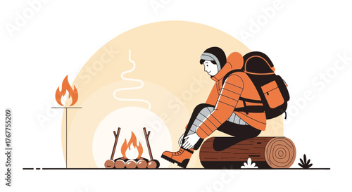 Adventurer Relaxing Near Campfire and Prepping Gear On A Log After A Long Hike