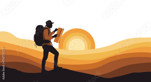 Adventurer Silhouette Examining Map Against a Sunset Over Rugged Terrain