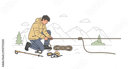 Adventurer Securing Rope Before Expedition With Mountain Background
