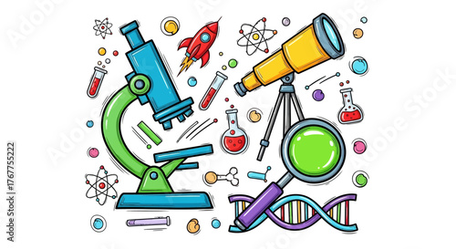 Colorful scientific exploration and discovery background features various lab equipment and