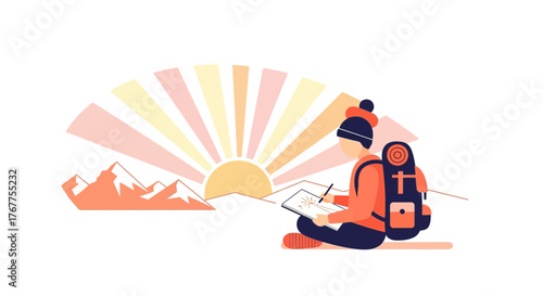 Adventurer Sketching View With Backpack At Mountain Range And Sunrise Sunset