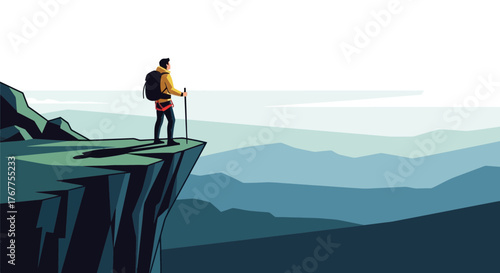 Adventurer Standing At Peak's Edge, Contemplating View After Mountain Ascent