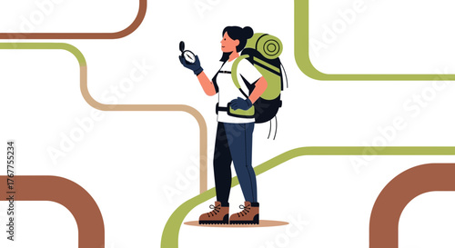 Adventurer Using Compass with Backpack on Hiking Trail for Navigation Outdoors
