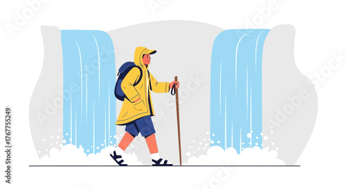 Adventurer Walking By a Magnificent Waterfall in Scenic Natural Environment