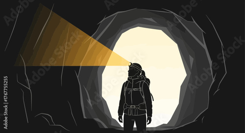 Adventurer Standing in Cave with Headlamp Illuminating Mystery and Adventure