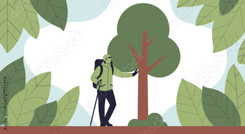 Adventurer Standing Next To Tree In Nature, Hiking Through The Forest Illustration