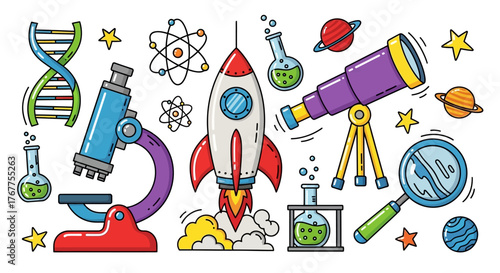 Cartoon science elements creating a charming whimsical illustration for educational projects