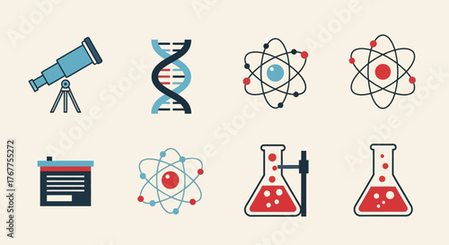 Whimsical science icons illustration capturing scientific discovery and exploration