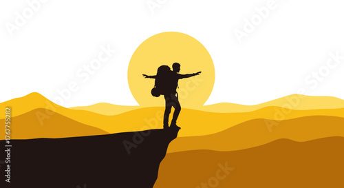 Adventurer Standing on A Cliffside Embracing the Sunset in A Minimalist Style