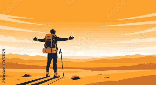 Adventurer Standing on Hillside with Backpack Facing Golden Horizon and Sunset