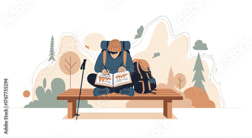 Adventurer Writing In Notebook While Resting On A Bench Amidst Scenic Landscape