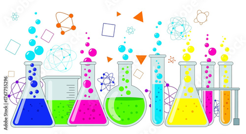 Vivid laboratory scene with colorful chemical reactions in assorted glassware for scientific