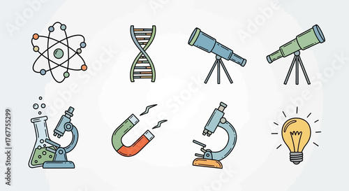 Illustration displaying various scientific elements, representing concepts such as research and