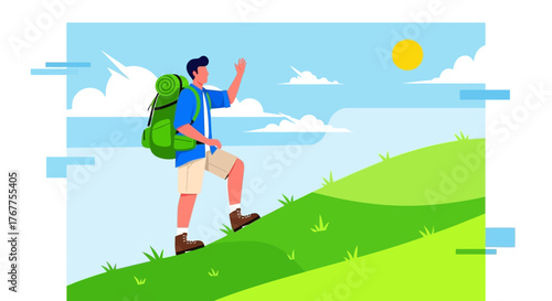 Adventuresome Hiker Ascending Verdant Hill Under Bright Sun and Clear Azure Sky