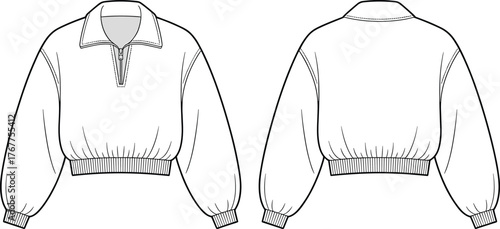 Half zip pullover sweatshirt technical flat fashion drawing front and back view garment sketch with collar