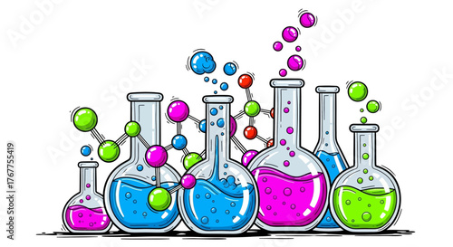 Illustrative representation of chemical reactions and molecular structures in laboratory flasks