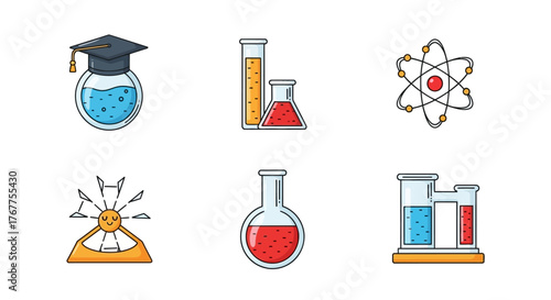 Illustrative Science and Academic Icons Presenting Chemistry Education and Research Tools