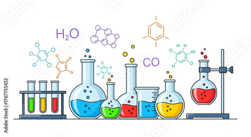Conceptual Chemistry Illustration Displaying Molecules and Laboratory Glassware in Research