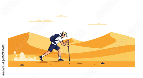 Adventurer Traversing Desert Landscape, Featuring Hiking and Exploration in Sunny Terrain