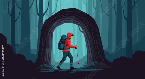 Adventurer Traversing Mystic Wood, Seeking New Paths Through Mystical Green Forest