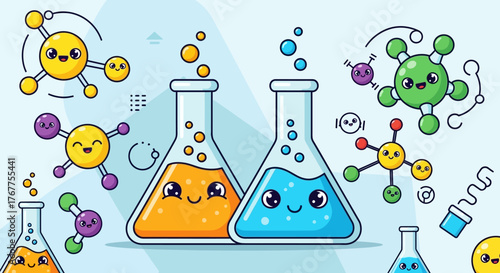 Adorable scientific illustration showcasing beakers with smiling faces and molecule characters