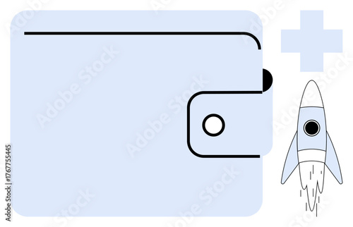 Large wallet and rocket launching forward, conveying innovation and financial growth. Ideal for fintech, savings, investments, startups, business strategy, banking modern finance. Simple flat