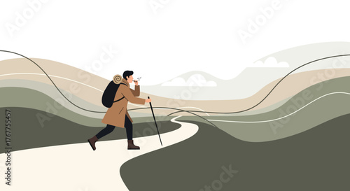 Adventurer Traversing Winding Mountain Path: A Journey Through Serene Landscapes