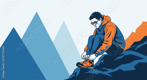 Adventurer Tying Boots Before Ascent, Illustrated Graphic With Mountains and Man